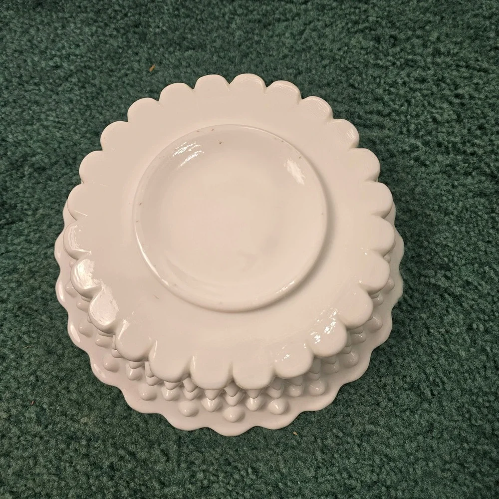 Fenton Mid-Century Hobnail‎ White Scalloped Edge Milk Glass Bowl Cottagecore